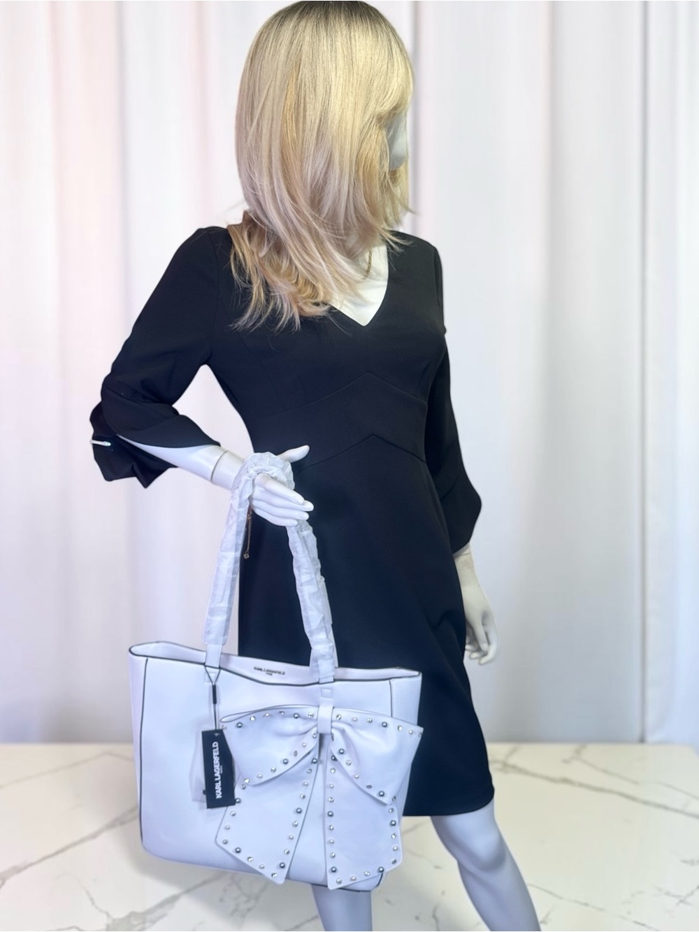 Karl Lagerfeld Paris Canelle White Studded Bow Tote NWT - Picture 16 of 17